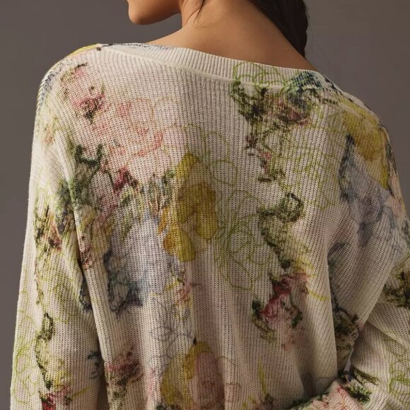 NWT Anthropologie Printed V-Neck Sweater Floral Pullover Sz Large Cream - Picture 10 of 11